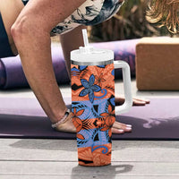 Plumeria Polynesian Pattern Tumbler With Handle Unique Fantasy Orange Blue