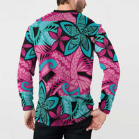 Plumeria Polynesian Pattern Button Sweatshirt Unique Fantasy Pink Teal LT01 - Polynesian Pride
