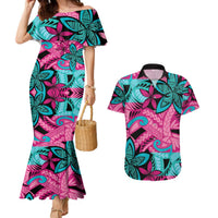 Plumeria Polynesian Pattern Couples Matching Mermaid Dress and Hawaiian Shirt Unique Fantasy Pink Teal LT01 Pink - Polynesian Pride