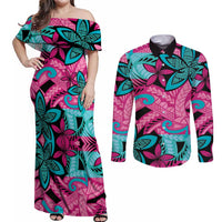 Plumeria Polynesian Pattern Couples Matching Off Shoulder Maxi Dress and Long Sleeve Button Shirt Unique Fantasy Pink Teal LT01 Pink - Polynesian Pride