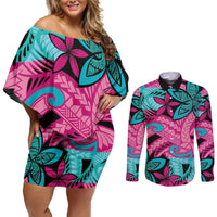Plumeria Polynesian Pattern Couples Matching Off Shoulder Short Dress and Long Sleeve Button Shirt Unique Fantasy Pink Teal LT01 Pink - Polynesian Pride