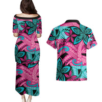 Plumeria Polynesian Pattern Couples Matching Puletasi and Hawaiian Shirt Unique Fantasy Pink Teal LT01 - Polynesian Pride