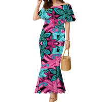 Plumeria Polynesian Pattern Family Matching Mermaid Dress and Hawaiian Shirt Unique Fantasy Pink Teal