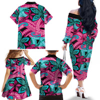 Plumeria Polynesian Pattern Family Matching Off The Shoulder Long Sleeve Dress and Hawaiian Shirt Unique Fantasy Pink Teal