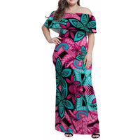 Plumeria Polynesian Pattern Family Matching Off Shoulder Maxi Dress and Hawaiian Shirt Unique Fantasy Pink Teal