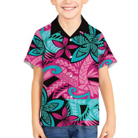 Plumeria Polynesian Pattern Family Matching Short Sleeve Bodycon Dress and Hawaiian Shirt Unique Fantasy Pink Teal