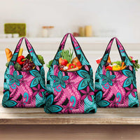 Plumeria Polynesian Pattern Grocery Bag Unique Fantasy Pink Teal