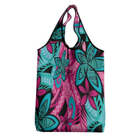 Plumeria Polynesian Pattern Grocery Bag Unique Fantasy Pink Teal