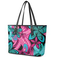 Plumeria Polynesian Pattern Leather Tote Bag Unique Fantasy Pink Teal