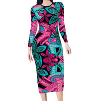 Plumeria Polynesian Pattern Long Sleeve Bodycon Dress Unique Fantasy Pink Teal