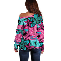 Plumeria Polynesian Pattern Off Shoulder Sweater Unique Fantasy Pink Teal
