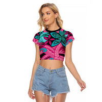 Plumeria Polynesian Pattern Raglan Cropped T Shirt Unique Fantasy Pink Teal LT01 Female Pink - Polynesian Pride
