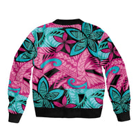 Plumeria Polynesian Pattern Sleeve Zip Bomber Jacket Unique Fantasy Pink Teal