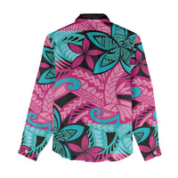 Plumeria Polynesian Pattern Women Casual Shirt Unique Fantasy Pink Teal