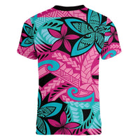 Plumeria Polynesian Pattern Women V-Neck T-Shirt Unique Fantasy Pink Teal
