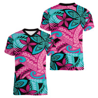 Plumeria Polynesian Pattern Women V-Neck T-Shirt Unique Fantasy Pink Teal