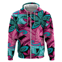Plumeria Polynesian Pattern Zip Hoodie Unique Fantasy Pink Teal