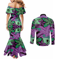 Plumeria Polynesian Pattern Couples Matching Mermaid Dress and Long Sleeve Button Shirt Unique Fantasy Purple Green LT01 - Polynesian Pride