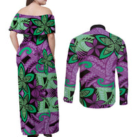 Plumeria Polynesian Pattern Couples Matching Off Shoulder Maxi Dress and Long Sleeve Button Shirt Unique Fantasy Purple Green LT01 - Polynesian Pride