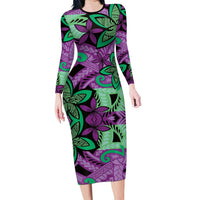 Plumeria Polynesian Pattern Family Matching Long Sleeve Bodycon Dress and Hawaiian Shirt Unique Fantasy Purple Green