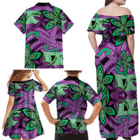 Plumeria Polynesian Pattern Family Matching Off Shoulder Maxi Dress and Hawaiian Shirt Unique Fantasy Purple Green