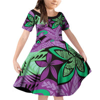 Plumeria Polynesian Pattern Family Matching Off Shoulder Short Dress and Hawaiian Shirt Unique Fantasy Purple Green