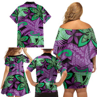 Plumeria Polynesian Pattern Family Matching Off Shoulder Short Dress and Hawaiian Shirt Unique Fantasy Purple Green