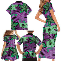 Plumeria Polynesian Pattern Family Matching Short Sleeve Bodycon Dress and Hawaiian Shirt Unique Fantasy Purple Green