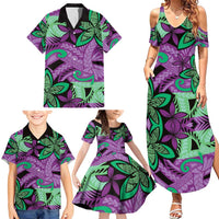 Plumeria Polynesian Pattern Family Matching Summer Maxi Dress and Hawaiian Shirt Unique Fantasy Purple Green