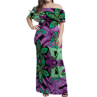 Plumeria Polynesian Pattern Off Shoulder Maxi Dress Unique Fantasy Purple Green