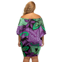 Plumeria Polynesian Pattern Off Shoulder Short Dress Unique Fantasy Purple Green