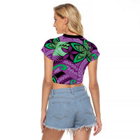 Plumeria Polynesian Pattern Raglan Cropped T Shirt Unique Fantasy Purple Green LT01 - Polynesian Pride