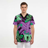 Plumeria Polynesian Pattern Scrub Top Unique Fantasy Purple Green LT01 - Polynesian Pride