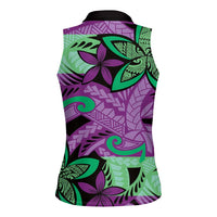 Plumeria Polynesian Pattern Women Sleeveless Polo Shirt Unique Fantasy Purple Green