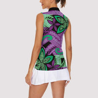 Plumeria Polynesian Pattern Women Sleeveless Polo Shirt Unique Fantasy Purple Green