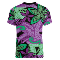 Plumeria Polynesian Pattern Women V-Neck T-Shirt Unique Fantasy Purple Green
