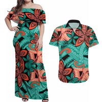 Plumeria Polynesian Pattern Couples Matching Off Shoulder Maxi Dress and Hawaiian Shirt Unique Fantasy Teal Orange LT01 Teal - Polynesian Pride