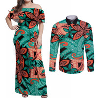 Plumeria Polynesian Pattern Couples Matching Off Shoulder Maxi Dress and Long Sleeve Button Shirt Unique Fantasy Teal Orange LT01 Teal - Polynesian Pride