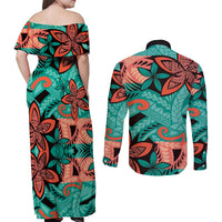Plumeria Polynesian Pattern Couples Matching Off Shoulder Maxi Dress and Long Sleeve Button Shirt Unique Fantasy Teal Orange LT01 - Polynesian Pride