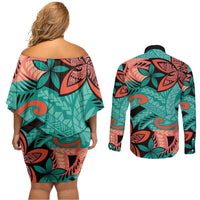 Plumeria Polynesian Pattern Couples Matching Off Shoulder Short Dress and Long Sleeve Button Shirt Unique Fantasy Teal Orange LT01 - Polynesian Pride
