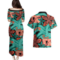Plumeria Polynesian Pattern Couples Matching Puletasi and Hawaiian Shirt Unique Fantasy Teal Orange LT01 - Polynesian Pride