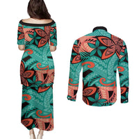 Plumeria Polynesian Pattern Couples Matching Puletasi and Long Sleeve Button Shirt Unique Fantasy Teal Orange LT01 - Polynesian Pride