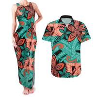 Plumeria Polynesian Pattern Couples Matching Tank Maxi Dress and Hawaiian Shirt Unique Fantasy Teal Orange LT01 Teal - Polynesian Pride