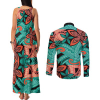 Plumeria Polynesian Pattern Couples Matching Tank Maxi Dress and Long Sleeve Button Shirt Unique Fantasy Teal Orange LT01 - Polynesian Pride