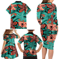 Plumeria Polynesian Pattern Family Matching Long Sleeve Bodycon Dress and Hawaiian Shirt Unique Fantasy Teal Orange