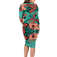 Plumeria Polynesian Pattern Family Matching Long Sleeve Bodycon Dress and Hawaiian Shirt Unique Fantasy Teal Orange