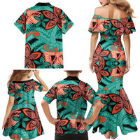 Plumeria Polynesian Pattern Family Matching Mermaid Dress and Hawaiian Shirt Unique Fantasy Teal Orange