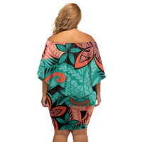 Plumeria Polynesian Pattern Family Matching Off Shoulder Short Dress and Hawaiian Shirt Unique Fantasy Teal Orange