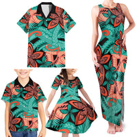 Plumeria Polynesian Pattern Family Matching Tank Maxi Dress and Hawaiian Shirt Unique Fantasy Teal Orange