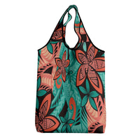 Plumeria Polynesian Pattern Grocery Bag Unique Fantasy Teal Orange